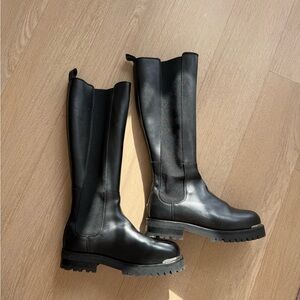 Anine Bing Black Leather Knee-High Lug Sole Boots – Minimal Riding Boot – EU 37